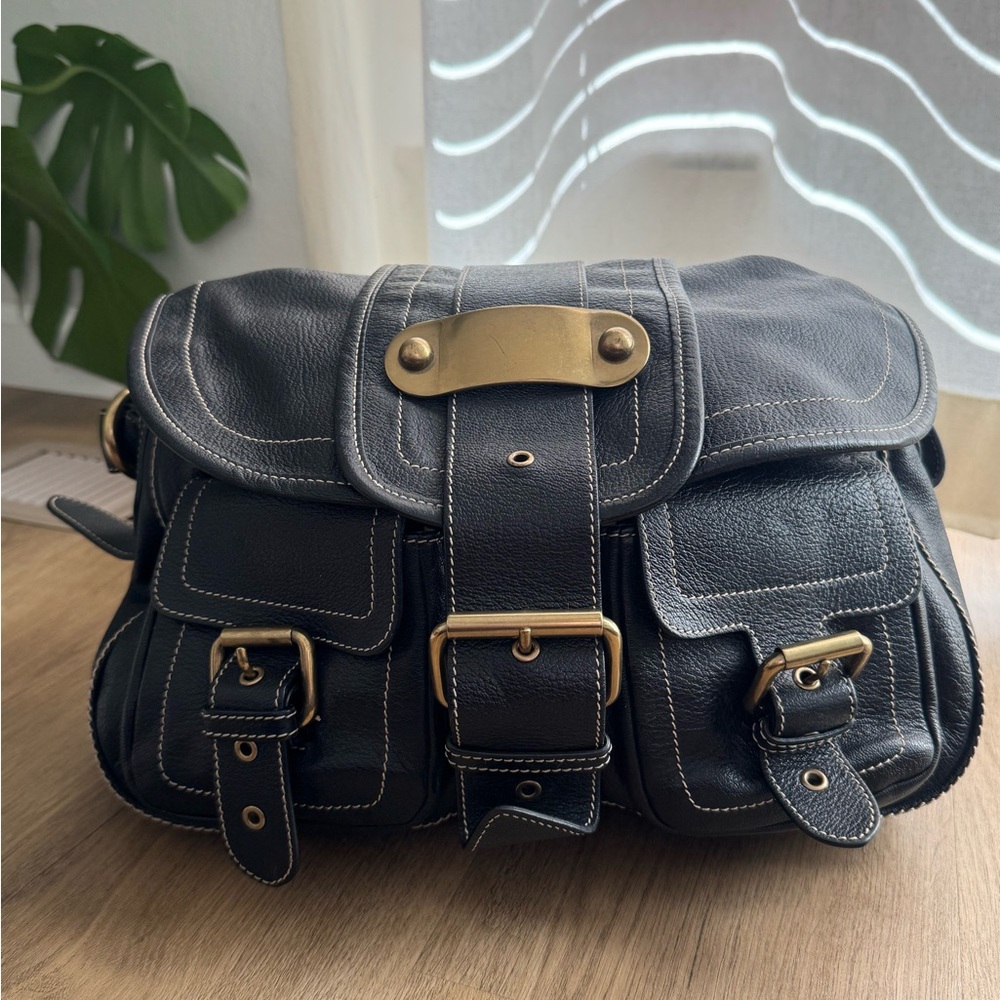 Marc Jacobs Adina Black Leather Satchel with Gold Accents